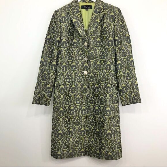 Kasper Green Gray Silk Botanical Jacquard Rhinestone Button Long Statement Coat - Picture 1 of 16